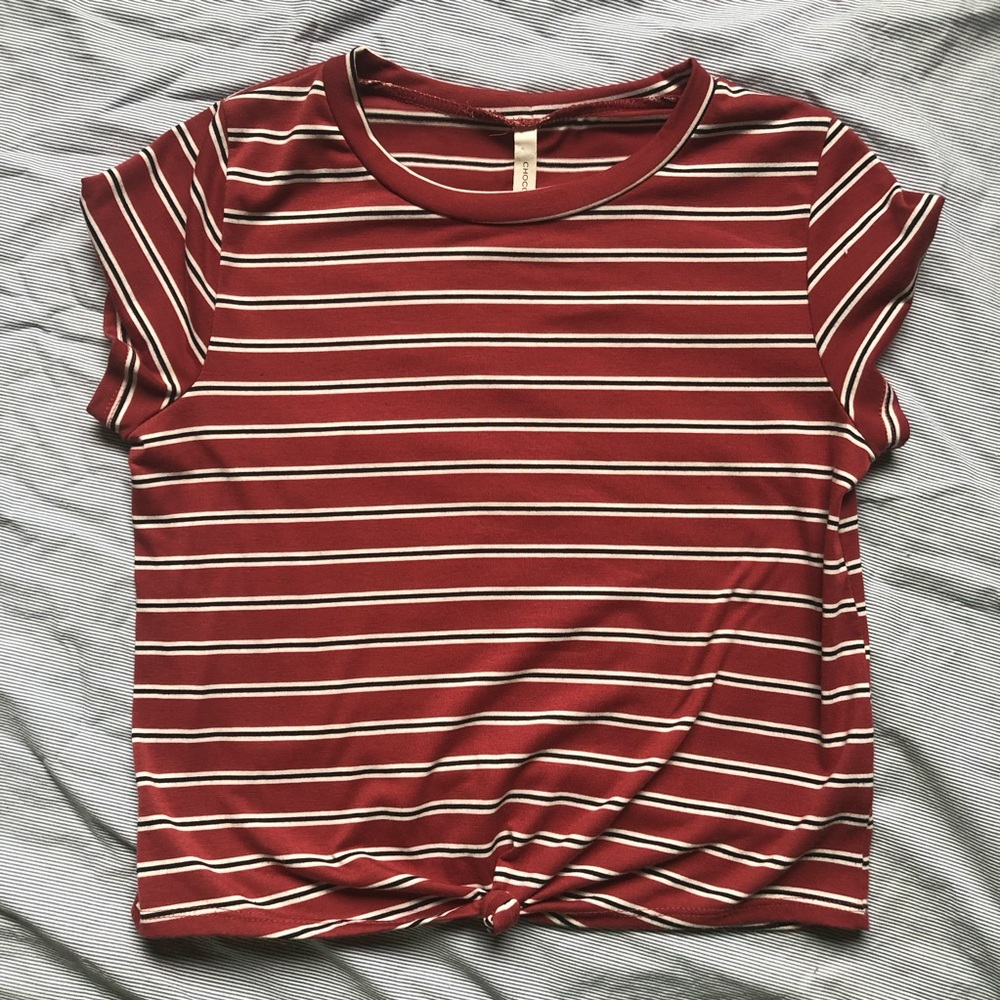 Chocolate Striped Crop Top With Knot